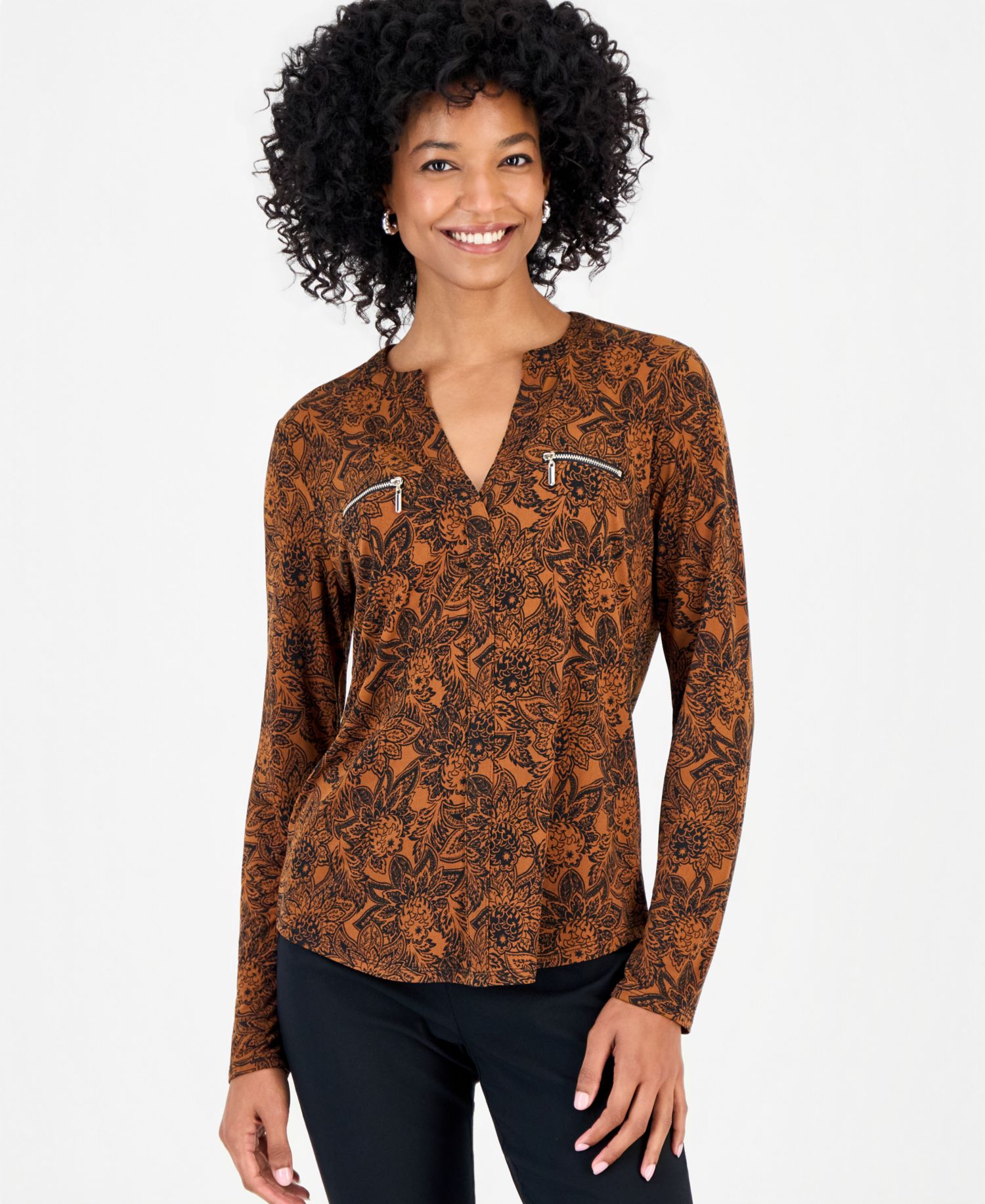 Petite Floral Arrangement V-Neck Zipper-Pocket Long-Sleeve Blouse