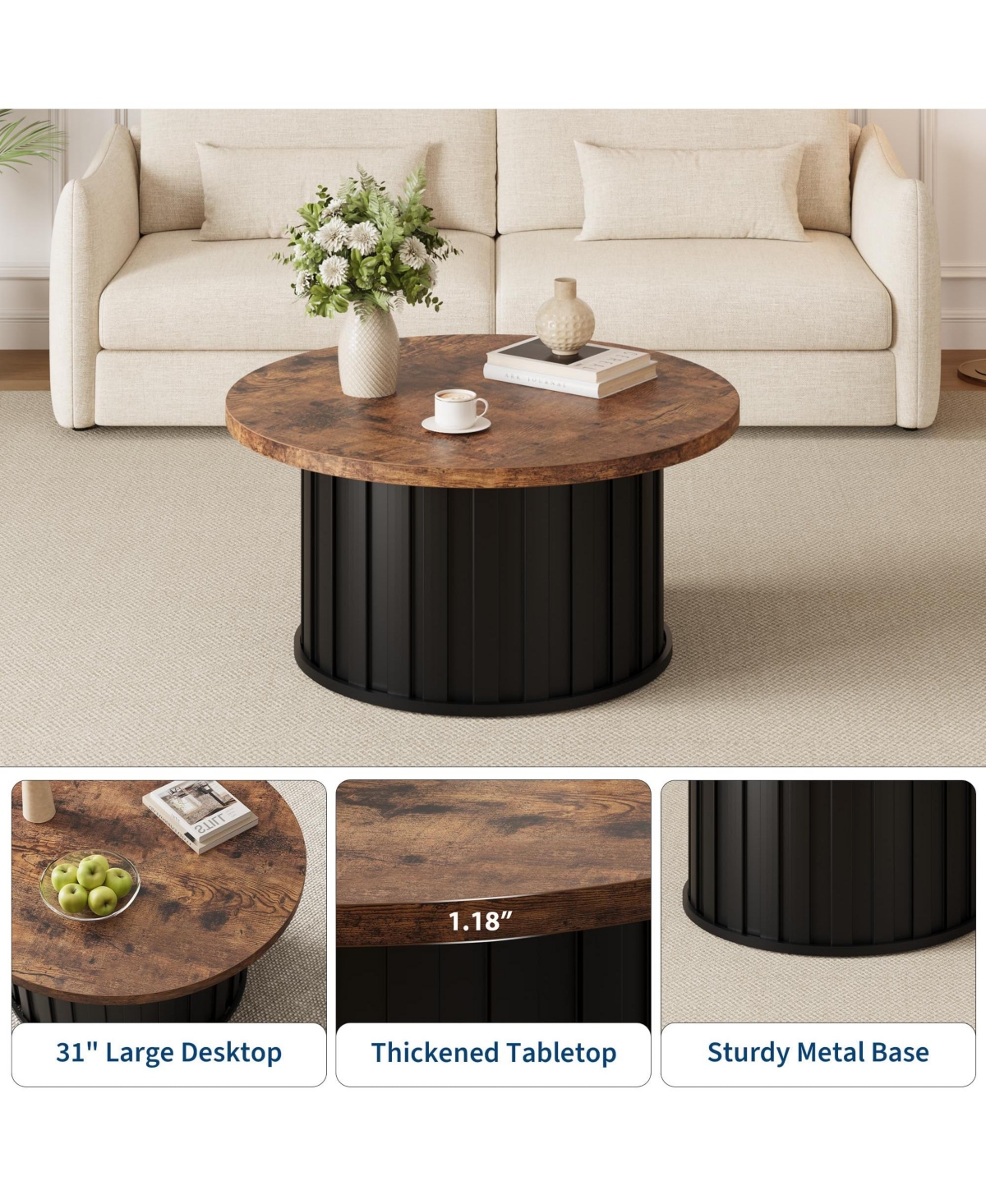 homfan 31.9" Round Coffee Table – Mid-Century Modern with Fluted Texture and Metal Base, Living Room Apartment Small Space