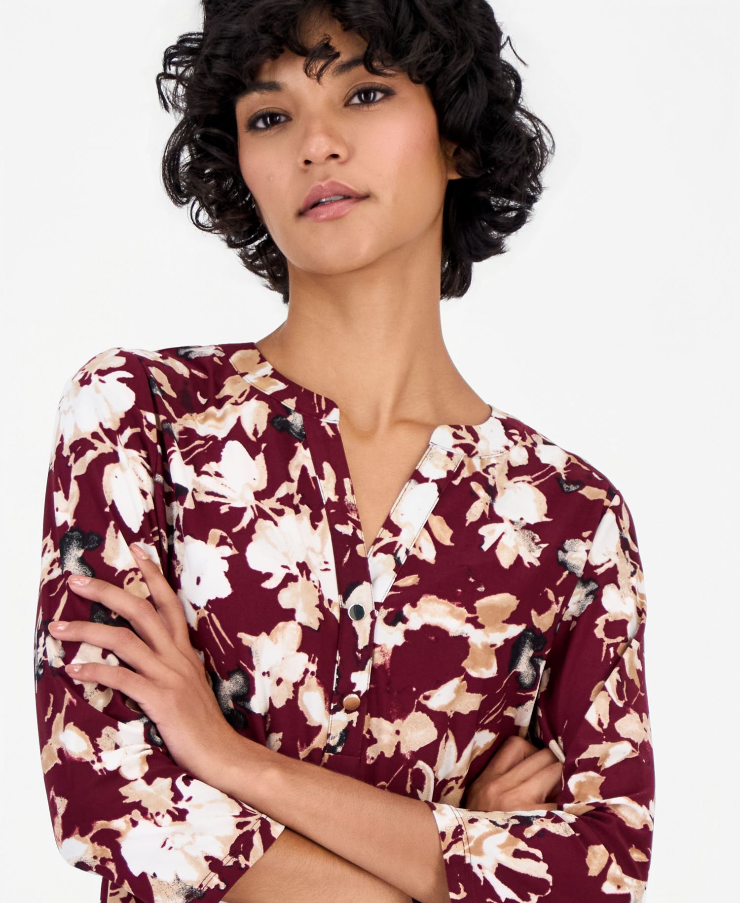 Petite V-Neck 3/4-Sleeve Floral-Print Henley