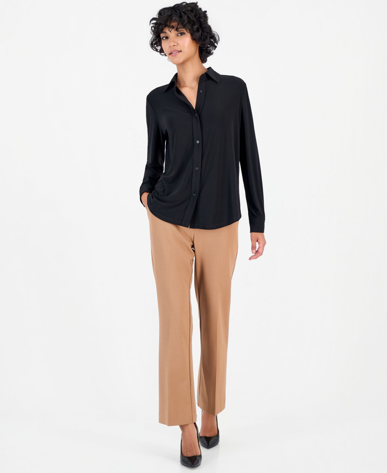 Petite Long-Sleeve Collared Knit Button-Down Shirt