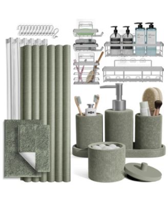 Complete Burlap Texture Polyresin Bathroom Decor and Accessory Set with Shower Curtain, Shower Caddy Set and Bath Rugs