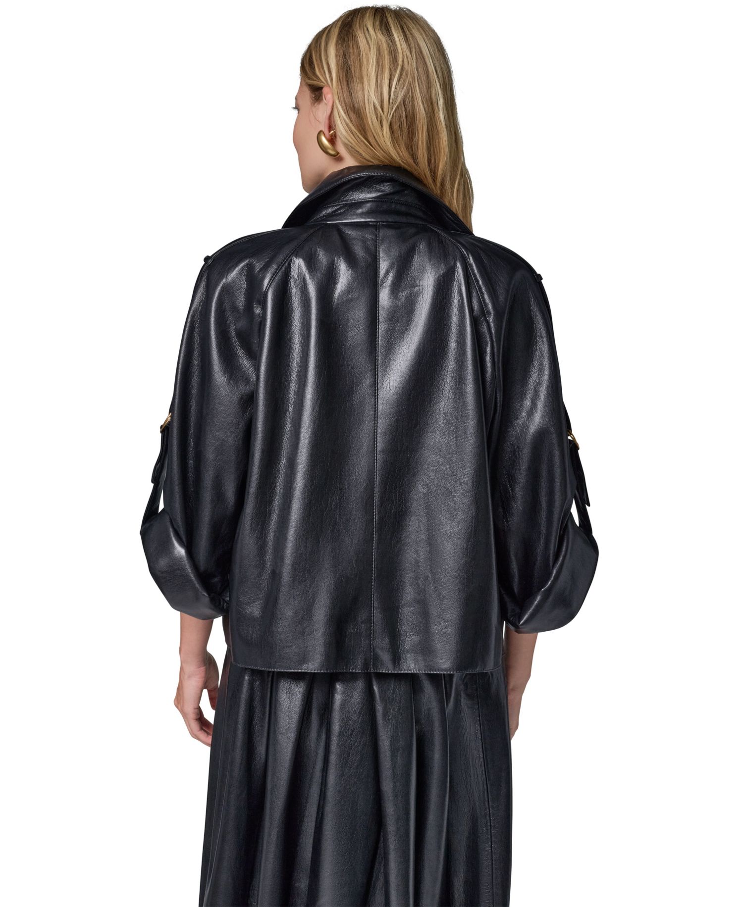Petite Faux Leather Roll-Sleeve Collared Short Jacket