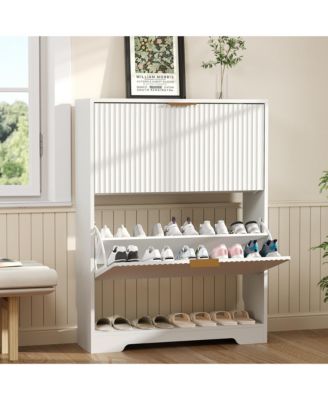 Entryway Shoe Storage Cabinet with double Flip Drawers, Wooden Shoe Organizer Cabinet with Adjustable Shelf, Slim Freestanding Shoe Rack