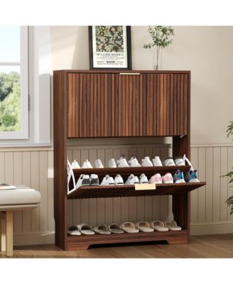 Entryway Shoe Storage Cabinet with double Flip Drawers, Wooden Shoe Organizer Cabinet with Adjustable Shelf, Slim Freestanding Shoe Rack
