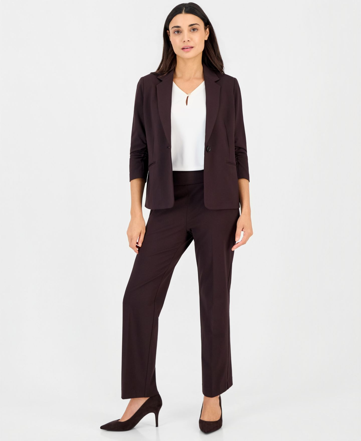 Женский пиджак Anne Klein Essentials Petite Notch Collar Scrunch-Sleeve Blazer, цвет: Глубокий красное дерево — фото 2