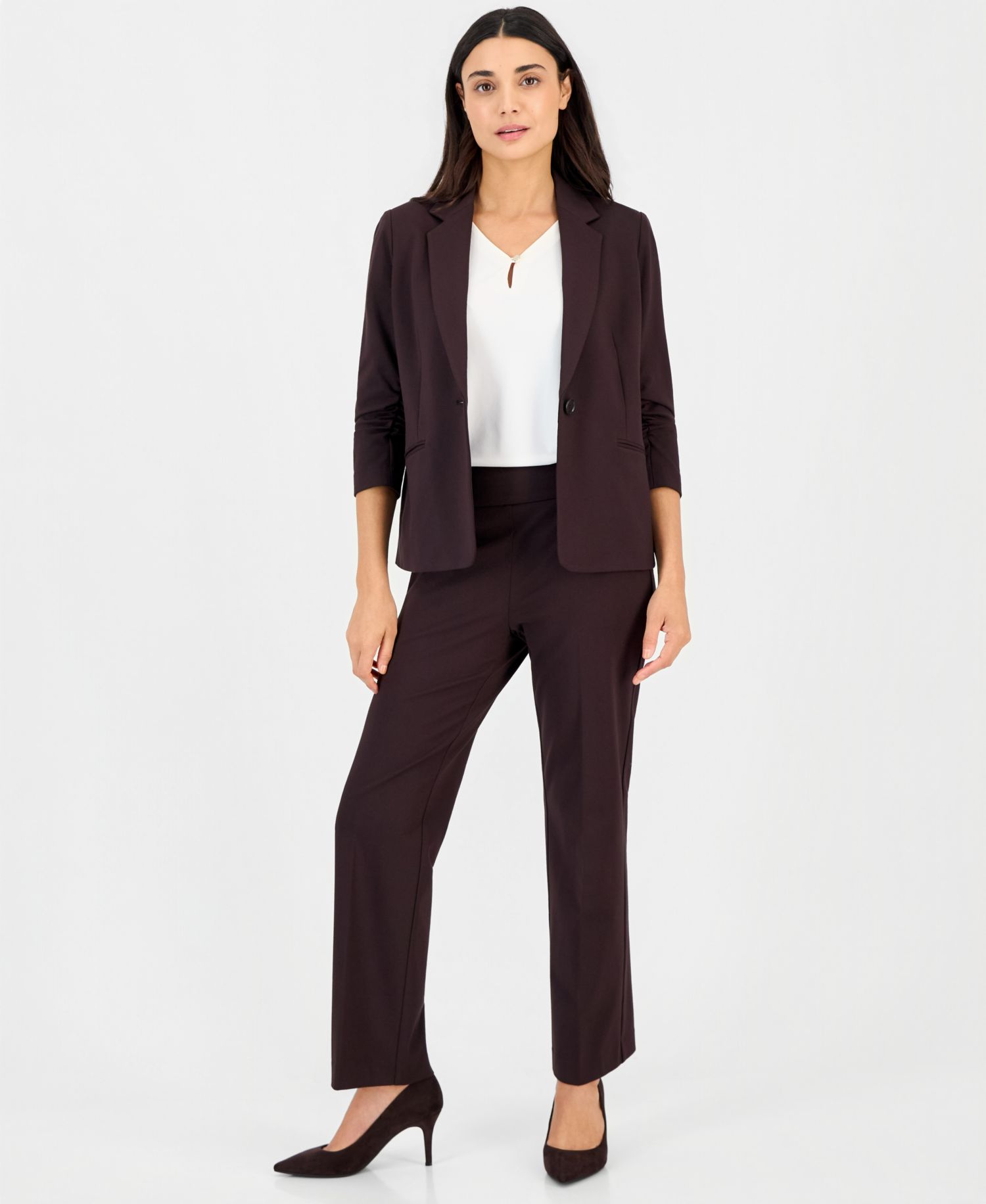 Women's Petite Notch Collar Scrunch-Sleeve Blazer