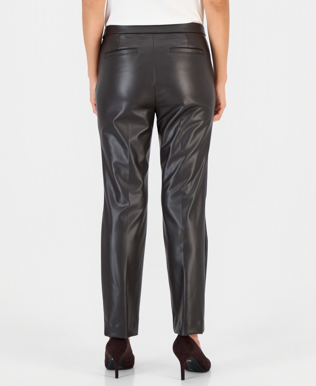 Anne Klein Essentials Petite Faux Leather Pull-On Pintuck Pants