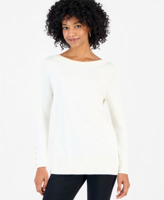 Petite Boat-Neck Button-Cuff Sweater