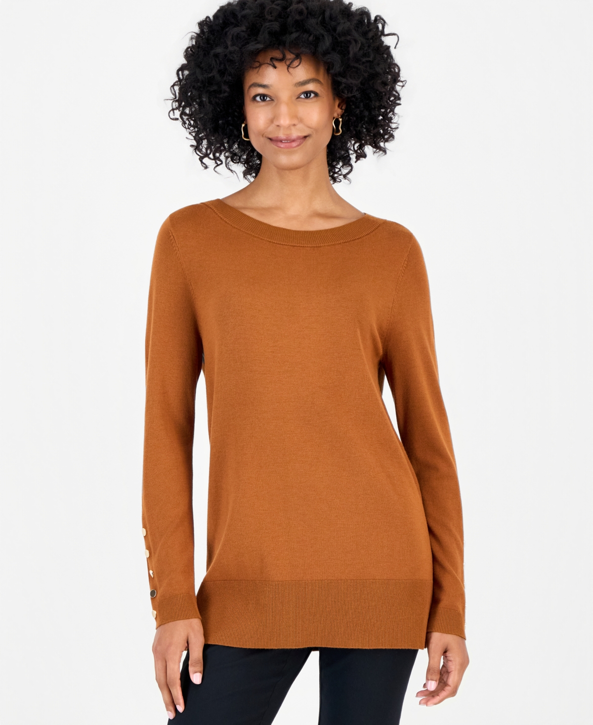 Jm Collection Petite Boat-neck Button-cuff Sweater, Macy's Exclusive In Cinnamon Spice