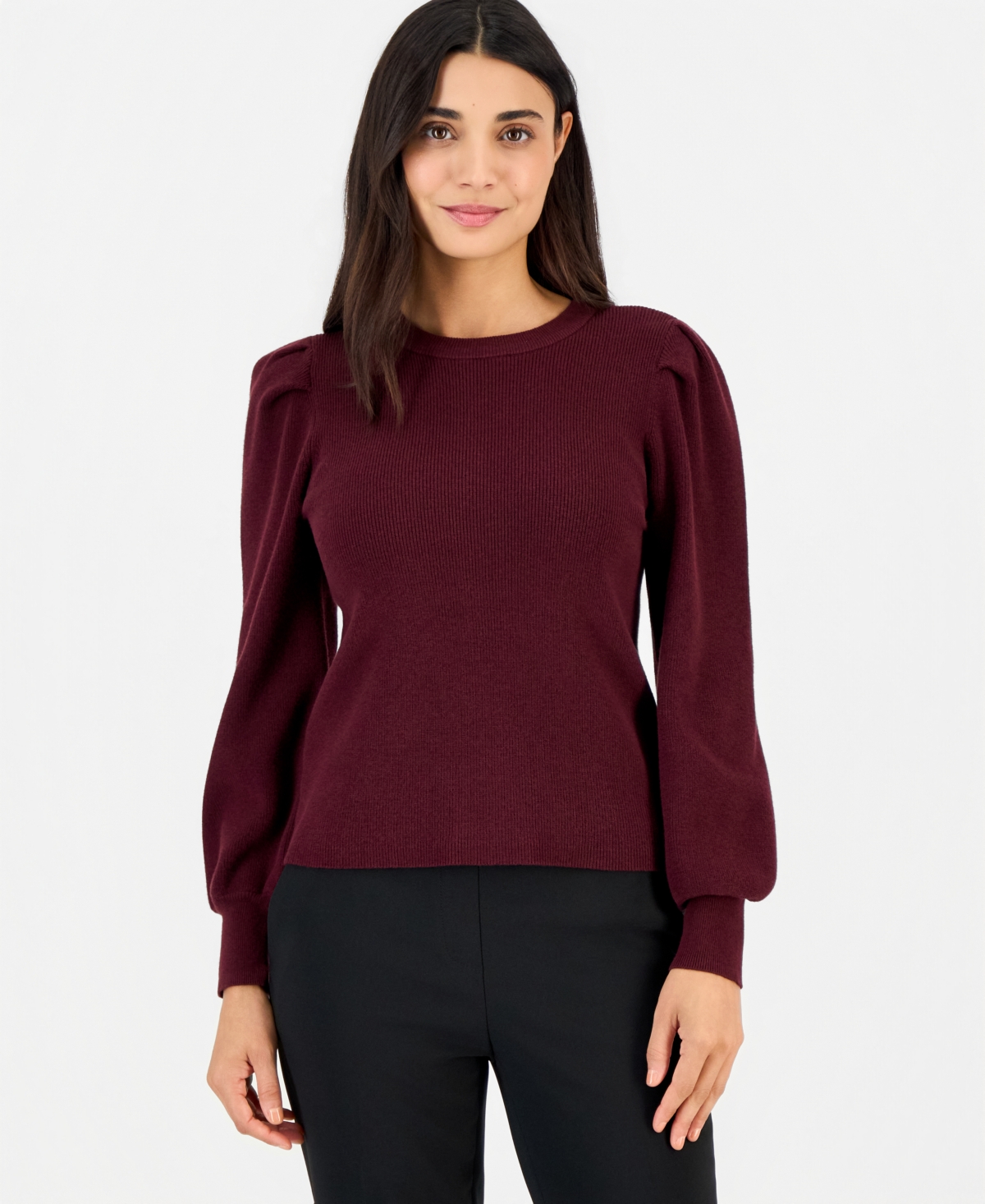 Anne Klein Essentials Women's Petite Puff-Sleeve Crewneck Sweater