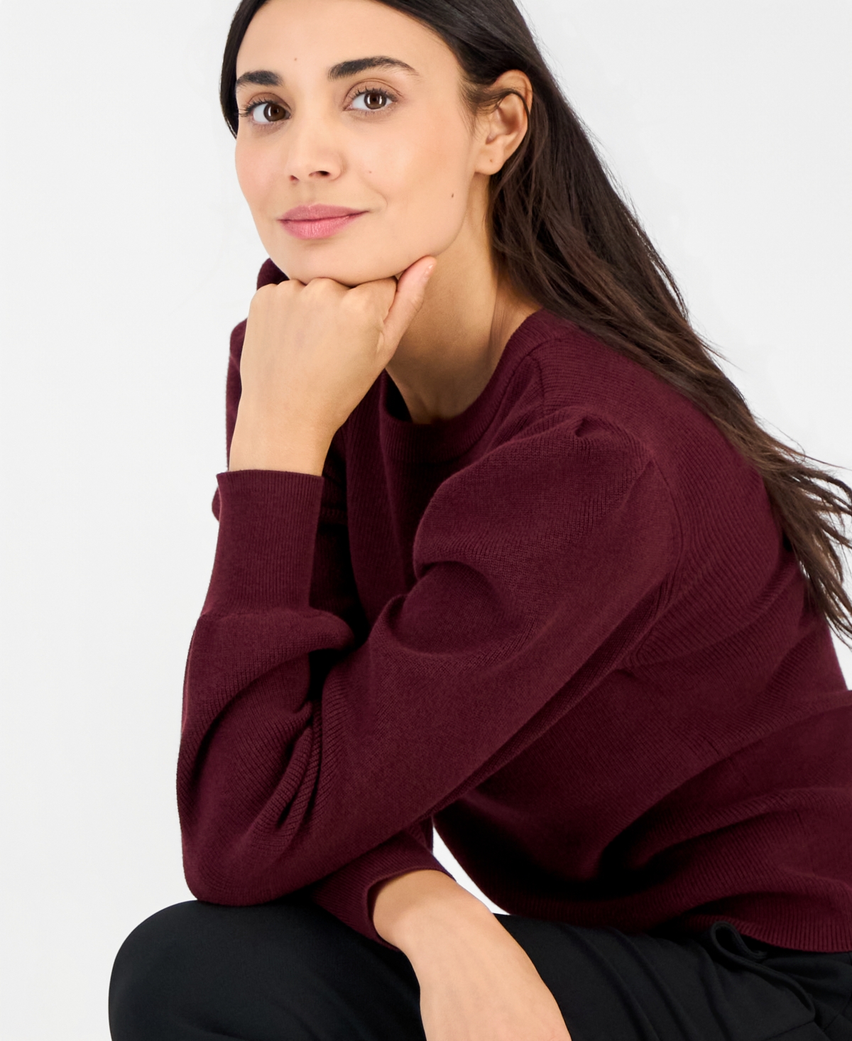 Anne Klein Essentials Women's Petite Puff-Sleeve Crewneck Sweater