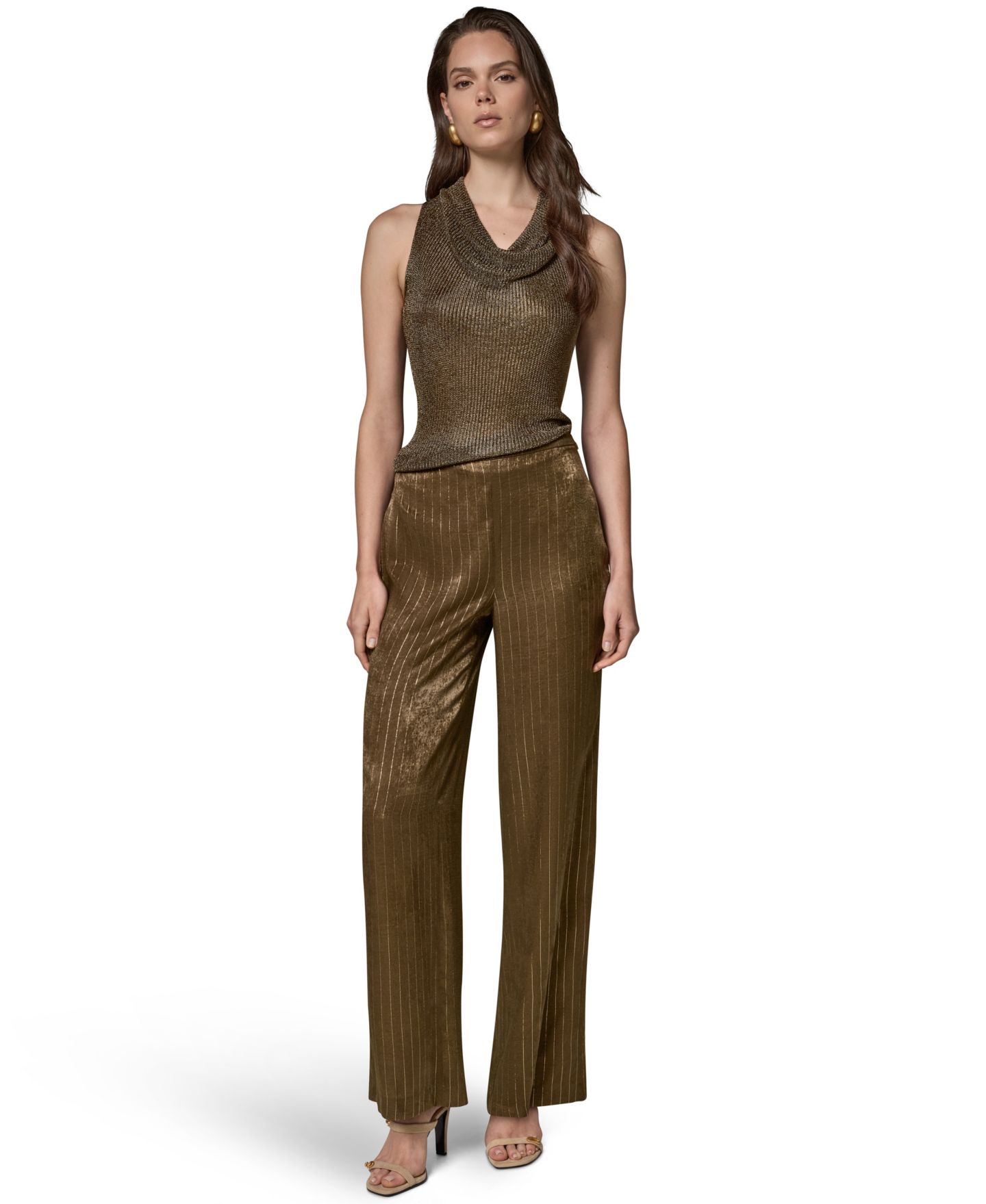 Женские брюки Donna Karan New York Pinstripe Satin Pull-On, цвет: Оливковый / Золотой — фото 2