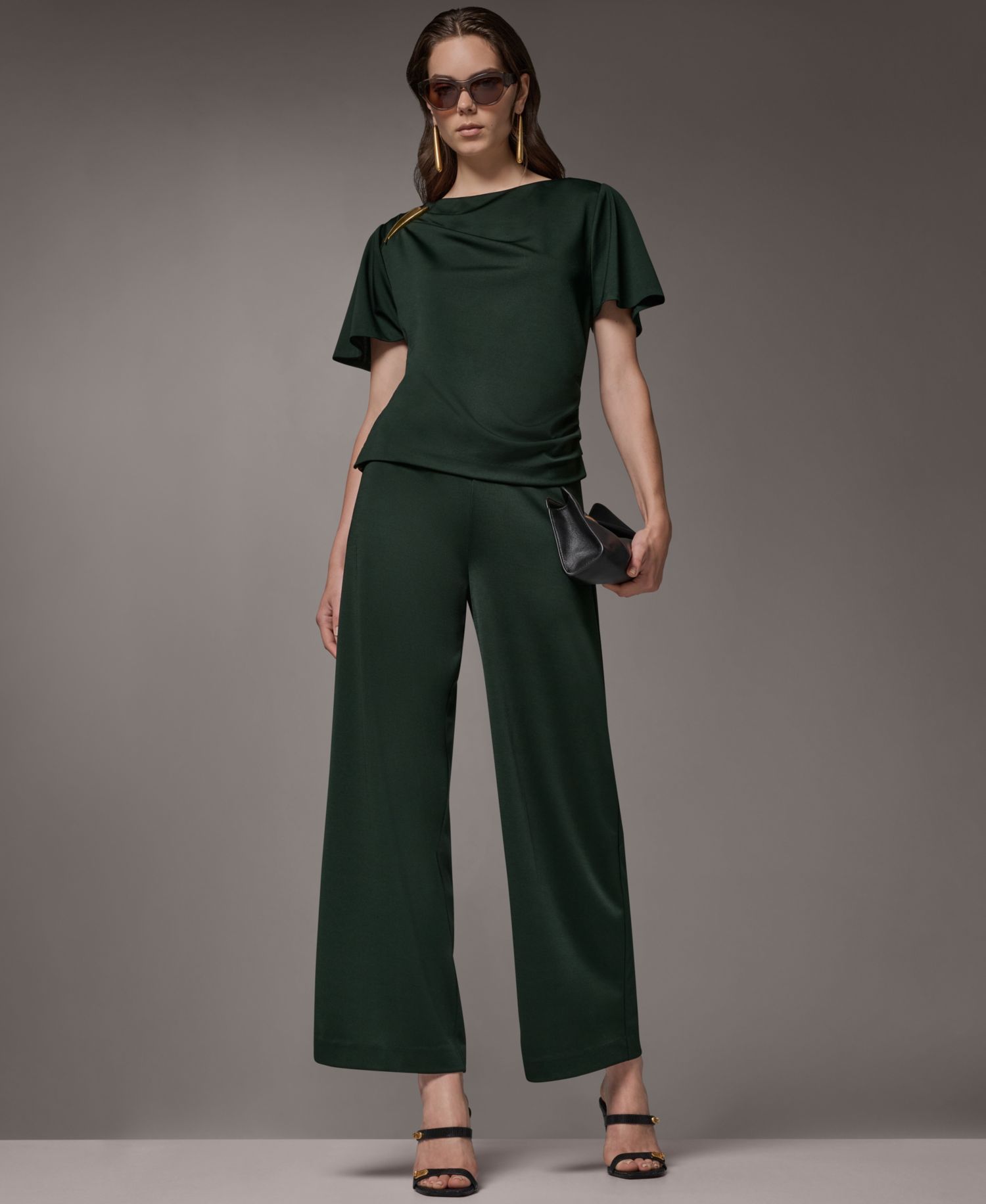 Women's Ruched Side Short-Sleeve Top & Wide-Leg Pull-On Pants