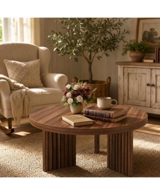 33.5-Inch Round Wood Coffee Table for Small Spaces, Living Room Center Table