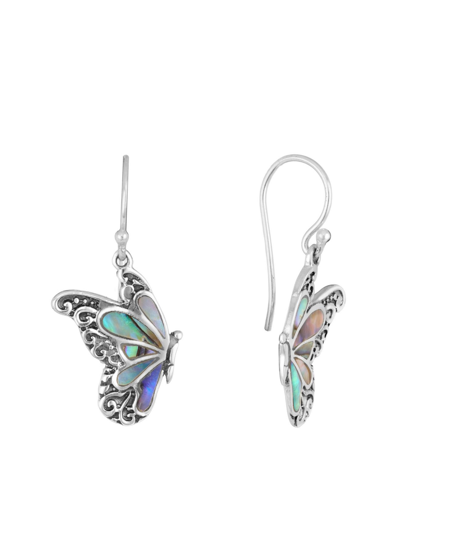Sterling Silver Abalone or Mother of Pearl Oxidized Butterfly Drop Earrings