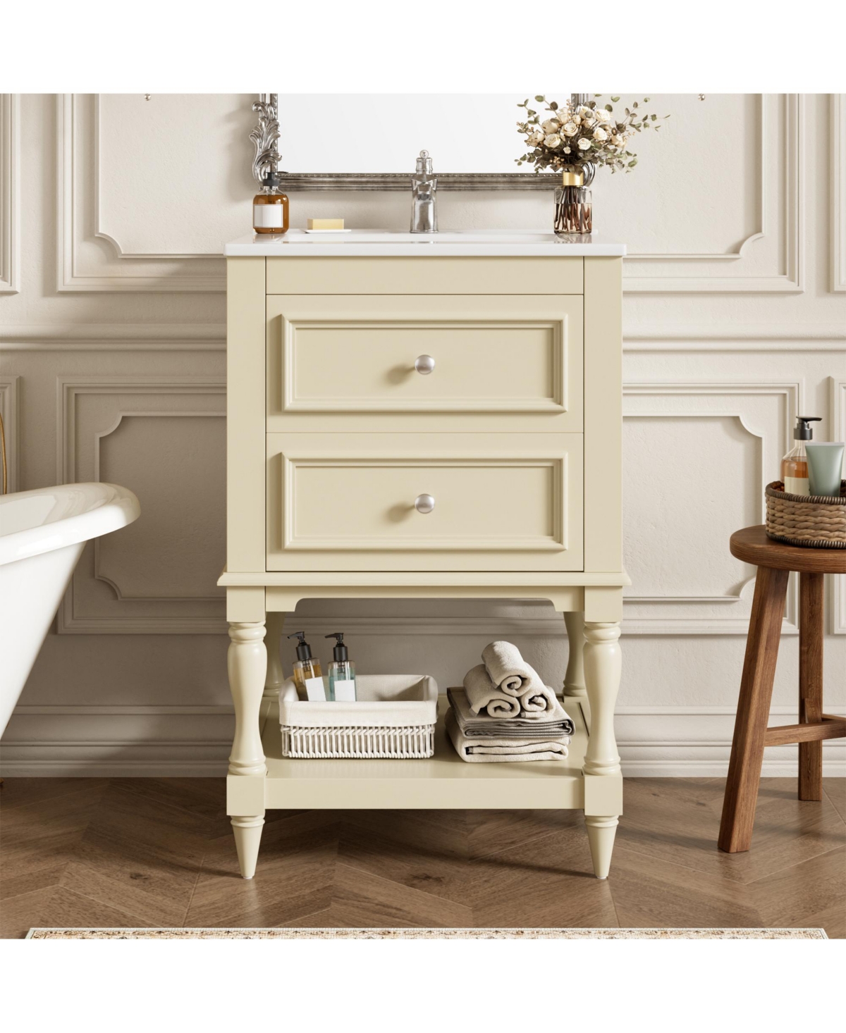 Busdays 20 Inch Ceramic Sink Bathroom Vanity Retro Design Storage Cabinet with Open Shelf and 2 Drawers