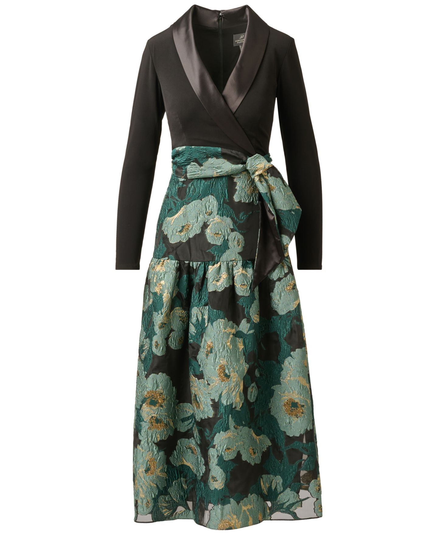 Женское платье Adrianna Papell Floral Jacquard V-Neck, цвет: Чёрный / Изумрудный — фото 7