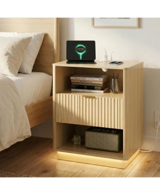 Fluted Nightstand with Charging Station, Wooden Night Stand with LED Light, Modern Mid Century Bedside End Table with Drawer