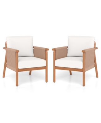 Set of 2 Acacia Wood Patio Chairs with Woven Rope Armrests and Seat Back Cushions