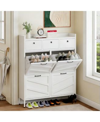 4-Flip and 3-Drawer Metal Shoe Cabinet, Slim Freestanding Steel Organizer