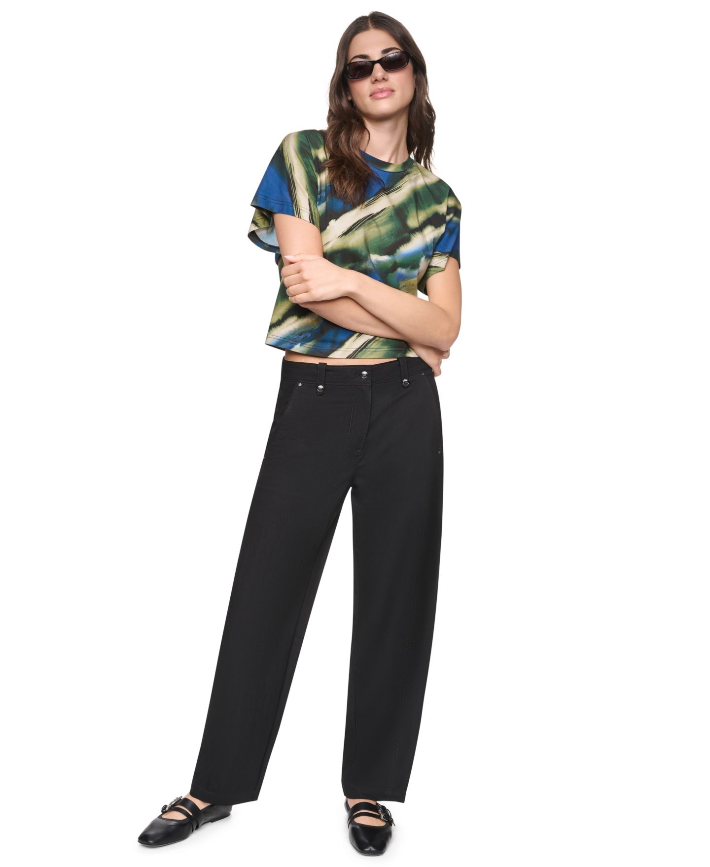 Женские брюки DKNY Barrel-Leg Sanded Twill Mid-Rise, цвет: Чёрный — фото 7