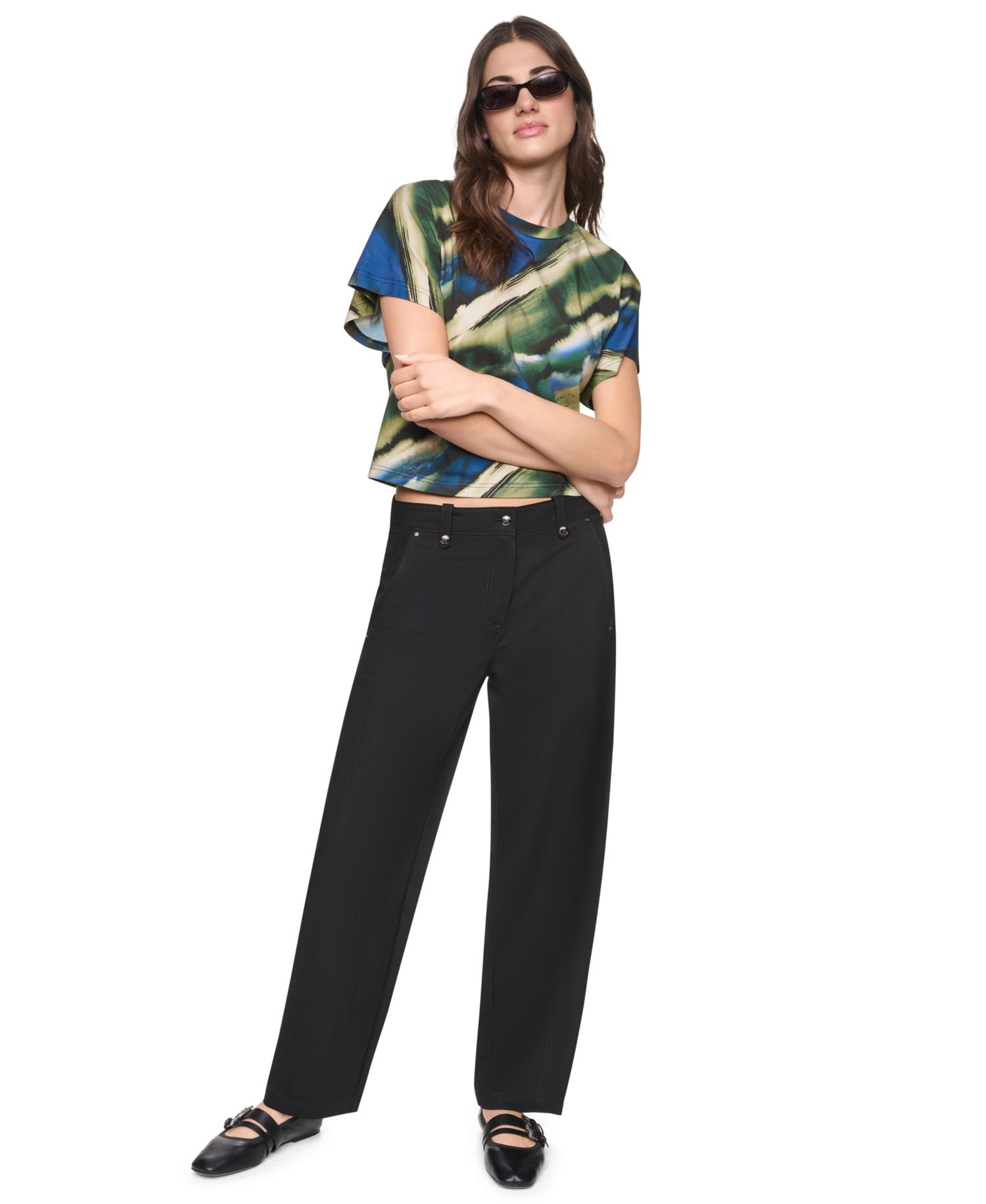 Women's Barrel-Leg Sanded Twill Mid-Rise Pants