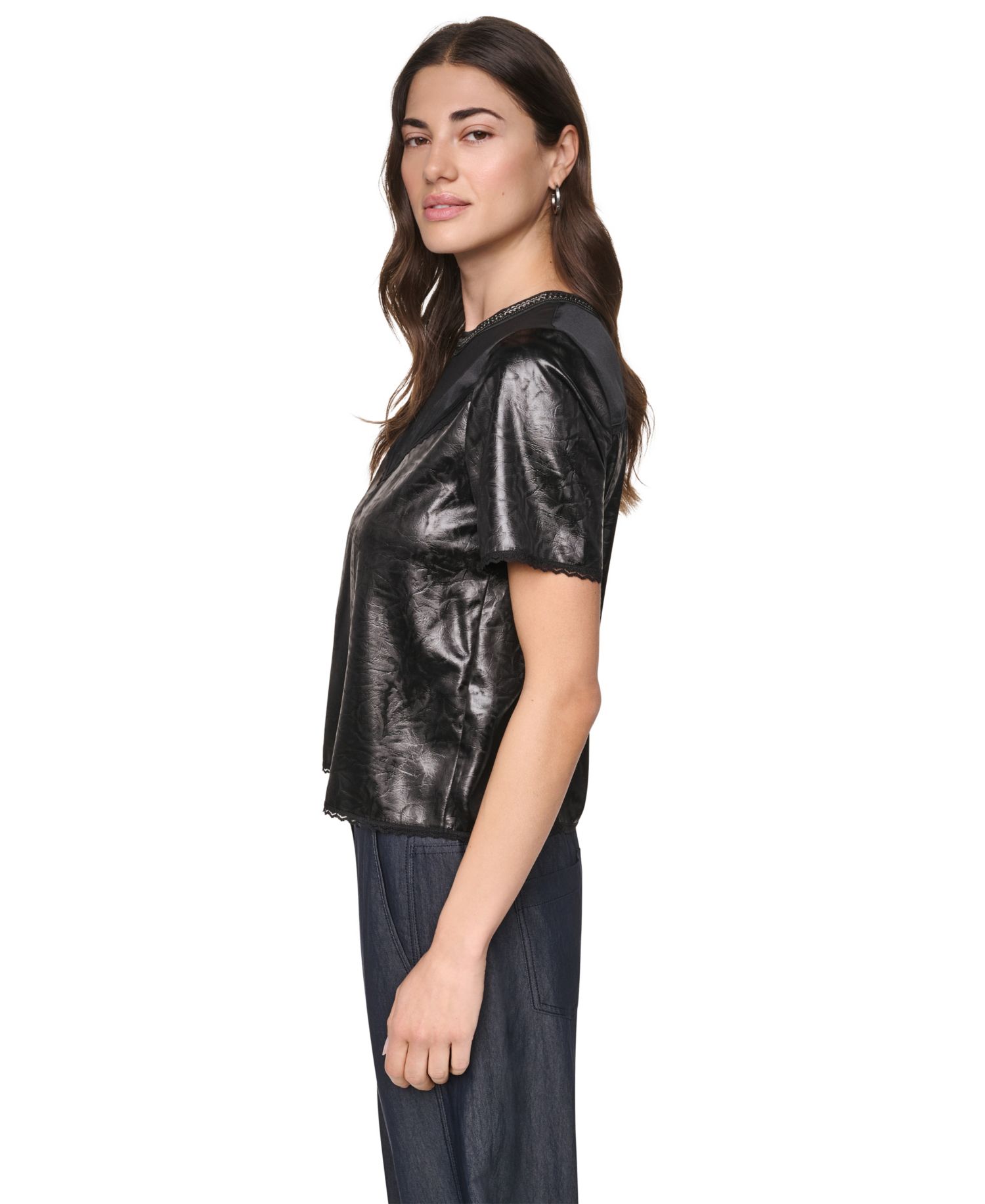 Women's Chain Neck Short-Sleeve Mixed Media Top