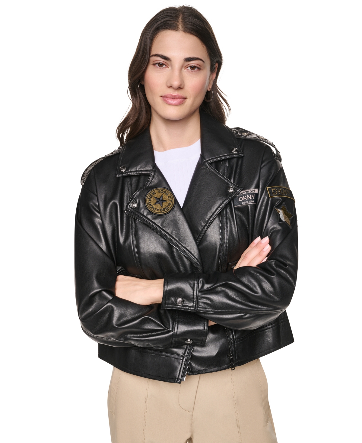 Dkny Women's Faux Leather Collared Zip-Front Jacket