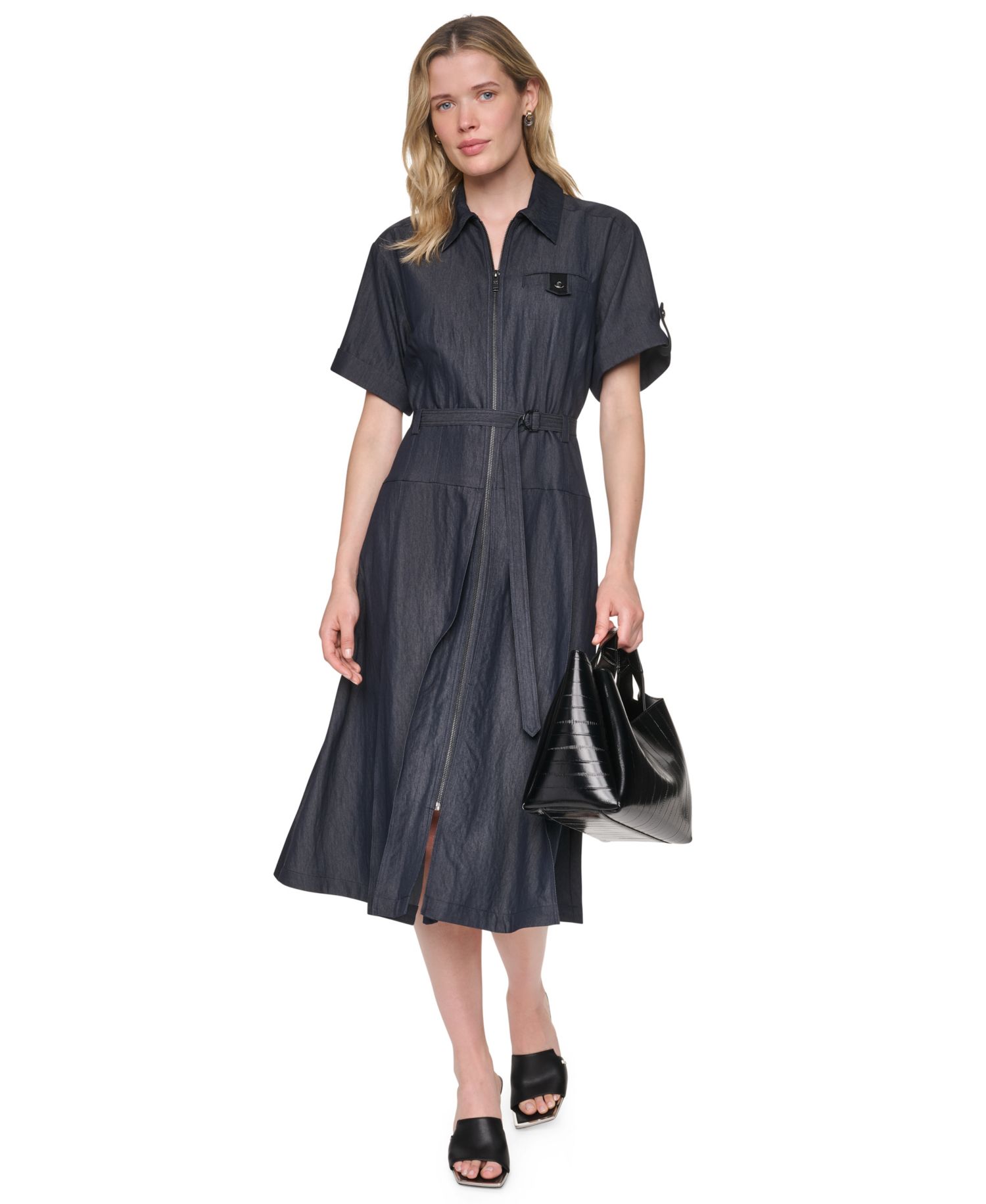Women's Collared Short-Sleeve Removable Belt Midi Dress
