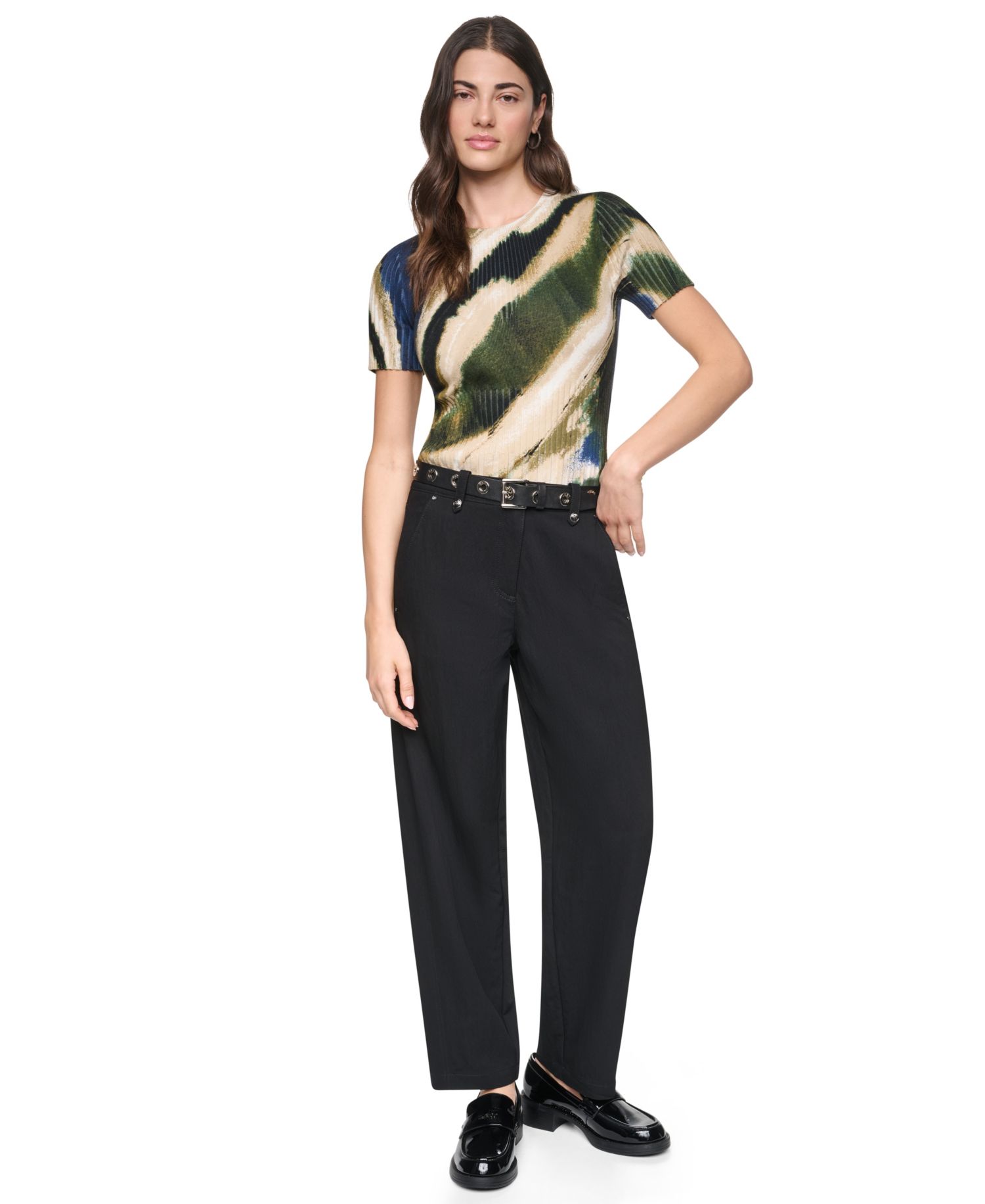 Women's Printed Rib Knit Crewneck Short-Sleeve Sweater