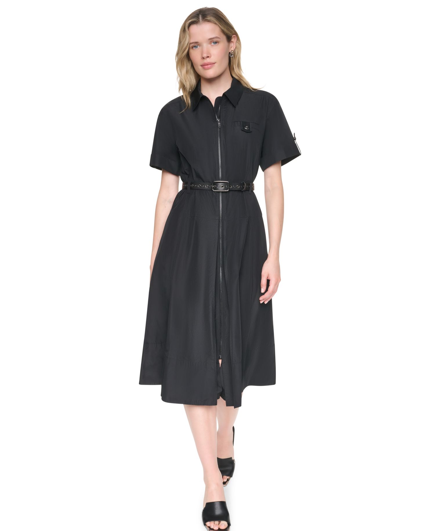 Women's Collared Short-Sleeve Removable Belt Midi Dress
