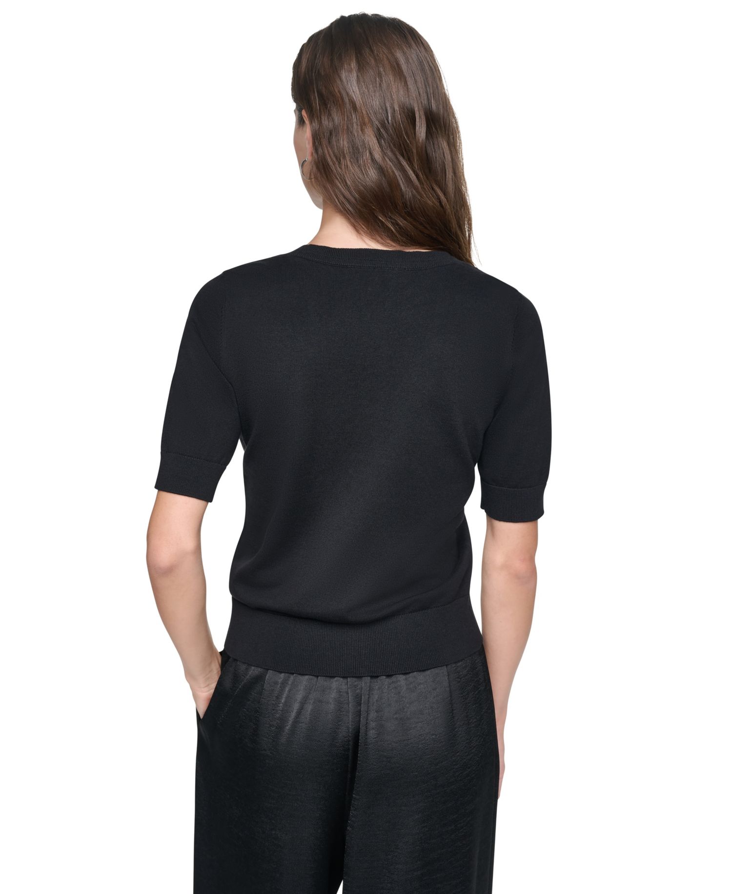 Women's Lace Trim Crewneck Short-Sleeve Cotton Sweater