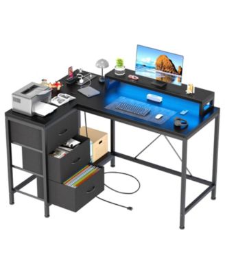 L Shaped Computer Desk with Power Outlets and LED Lights - 3 Drawers, Storage Shelves, Monitor Stand - Reversible Corner Gaming Workstation