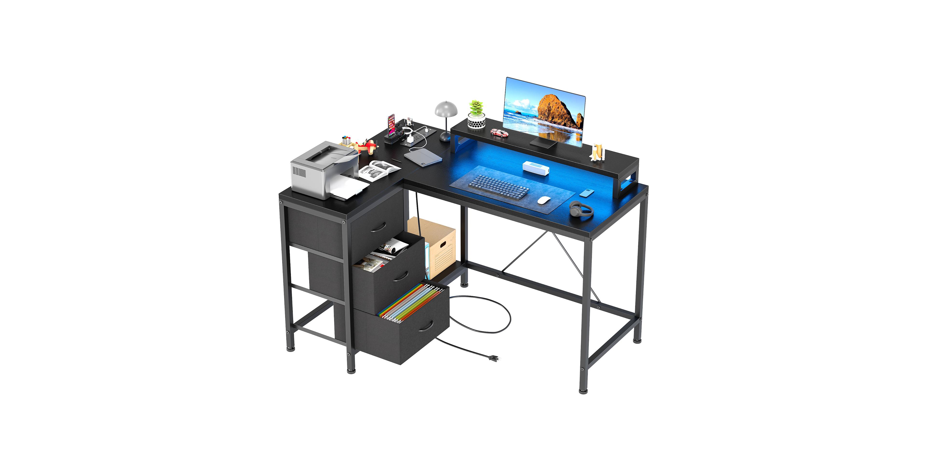 homfan L Shaped Computer Desk with Power Outlets and Led Lights - 3 Drawers, Storage Shelves, Monitor Stand Reversible Corner Gaming Workstation