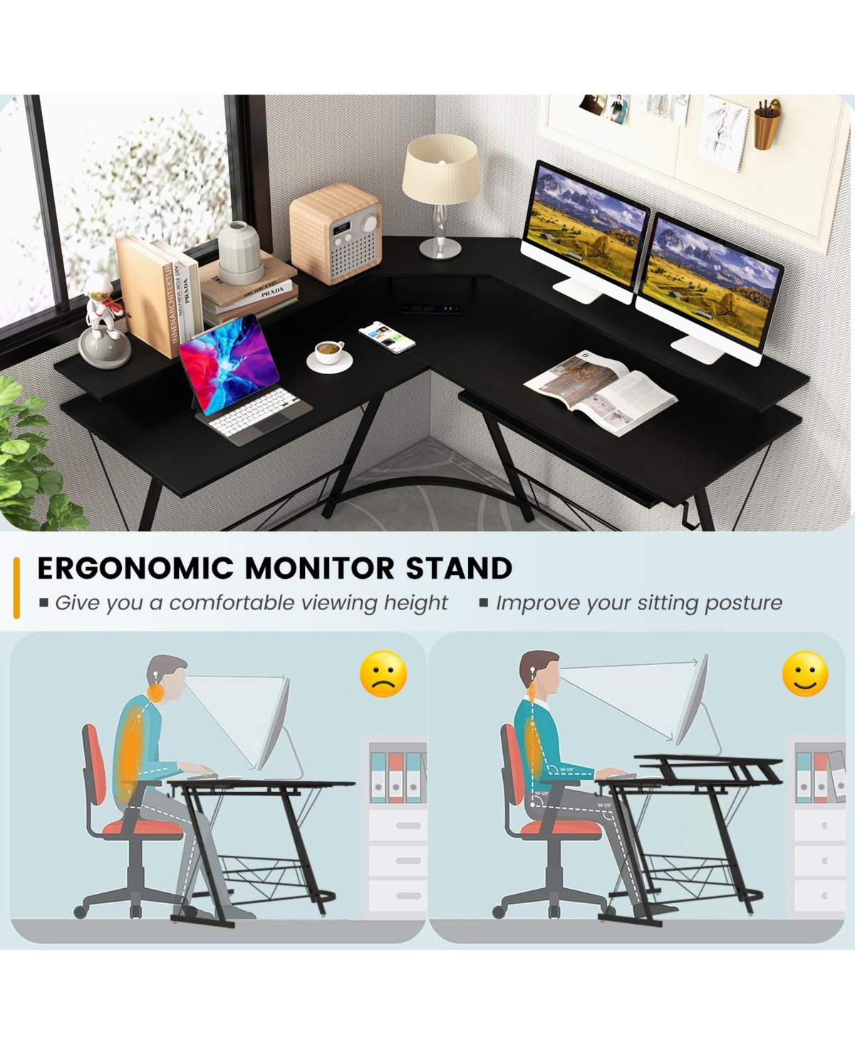 Gouun L-shaped Computer Desk with Power Outlet and Monitor Stand