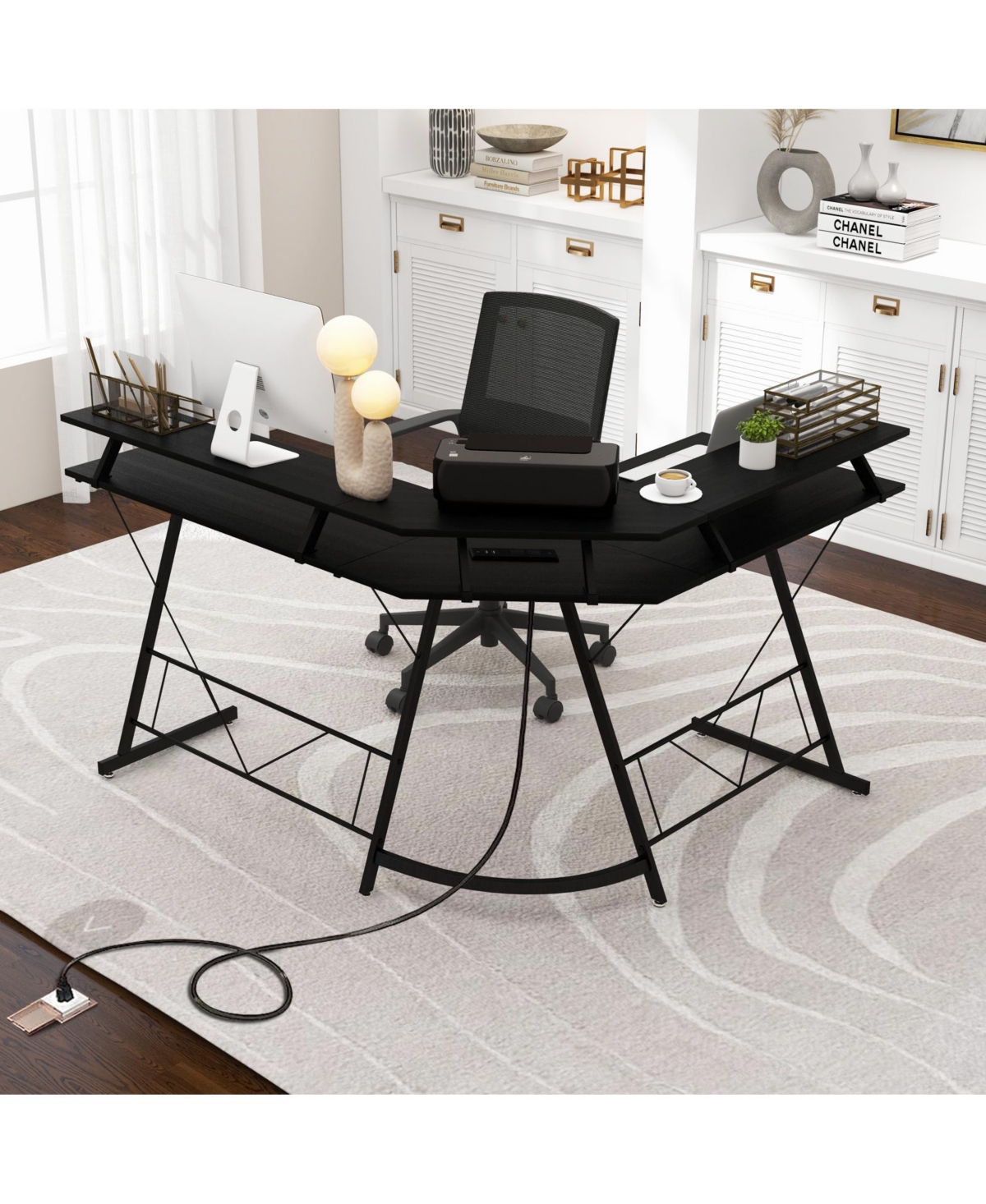 Gouun L-shaped Computer Desk with Power Outlet and Monitor Stand