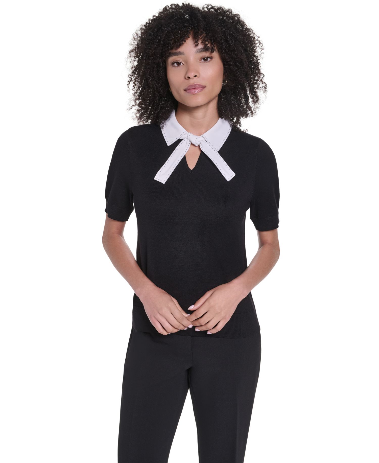 Women's Short-Sleeve Collared Keyhole Sweater