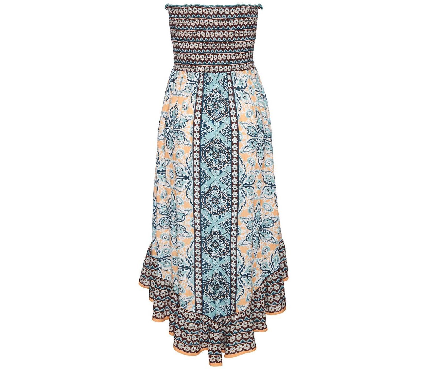 Women's Viscose Printed Smocked Bodice Strapless A-Line Midi Dress