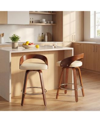 Bar Stools Set of 2, Swivel Bar Height Stools with Low Back, Wood Bar Chairs with Soft Cushion Seat
