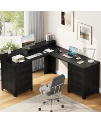 63" Farmhouse L-Shaped Executive Desk with 4 File Drawers, Power Outlet and Monitor Stand