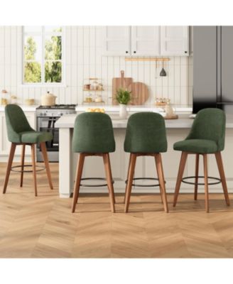 Set of 4 Green 26" Swivel Counter Height Bar Stools, Linen Upholstered with Wood Legs