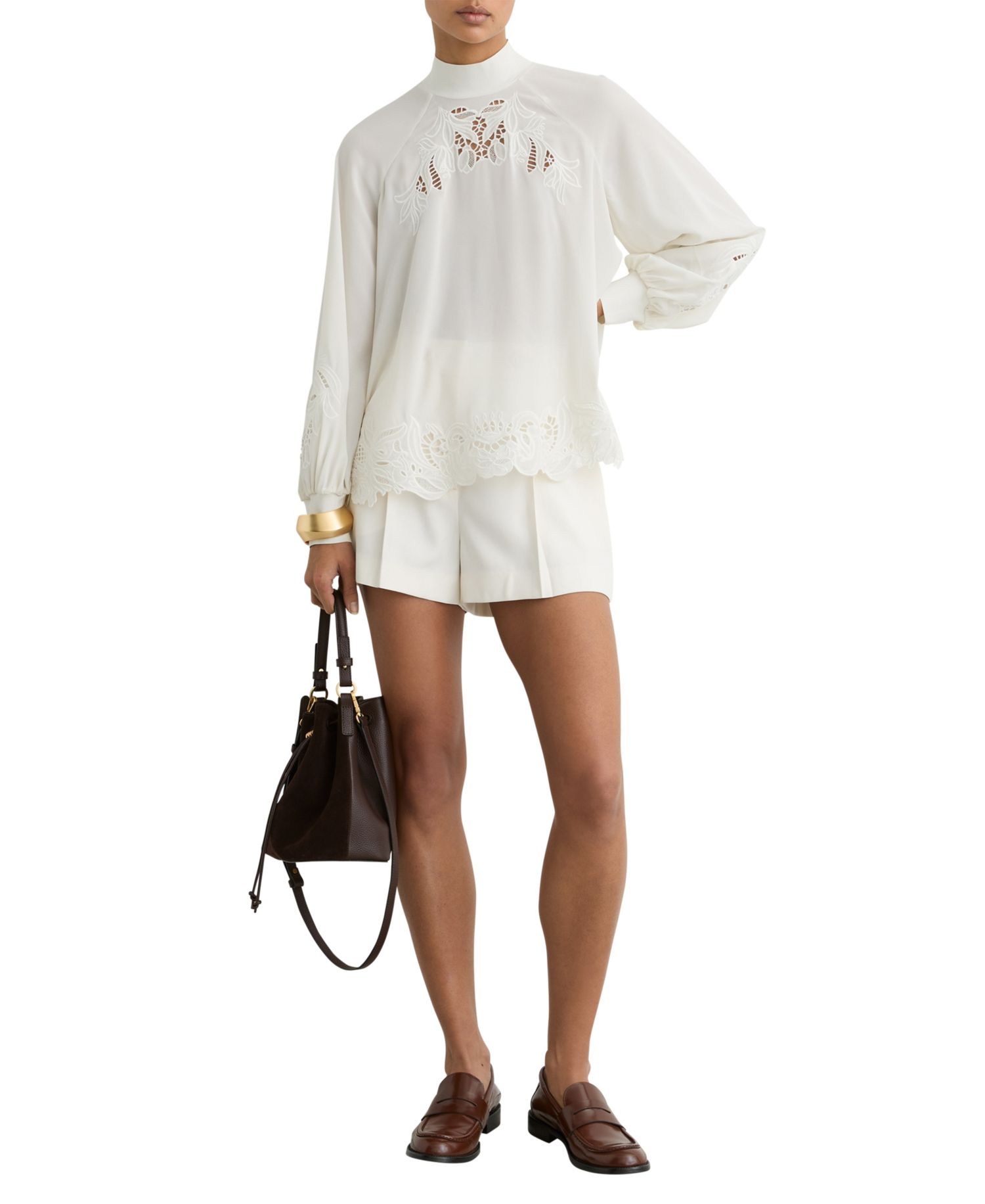 Women's Rae High-Neck 3/4-Sleeve Blouson Lace Blouse