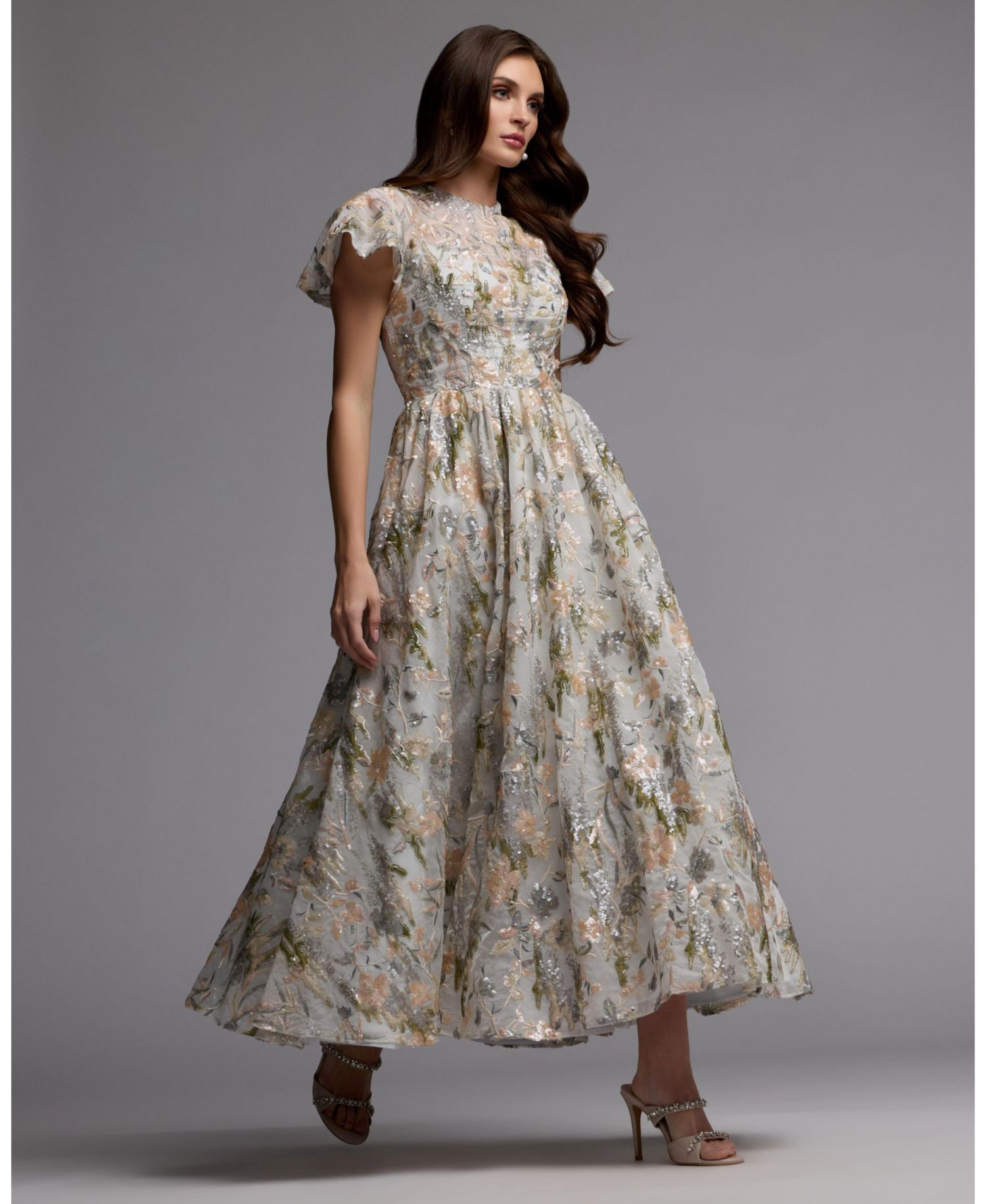 Women's Multicolor Flutter Sleeve Sequin A-Line Midi Dress