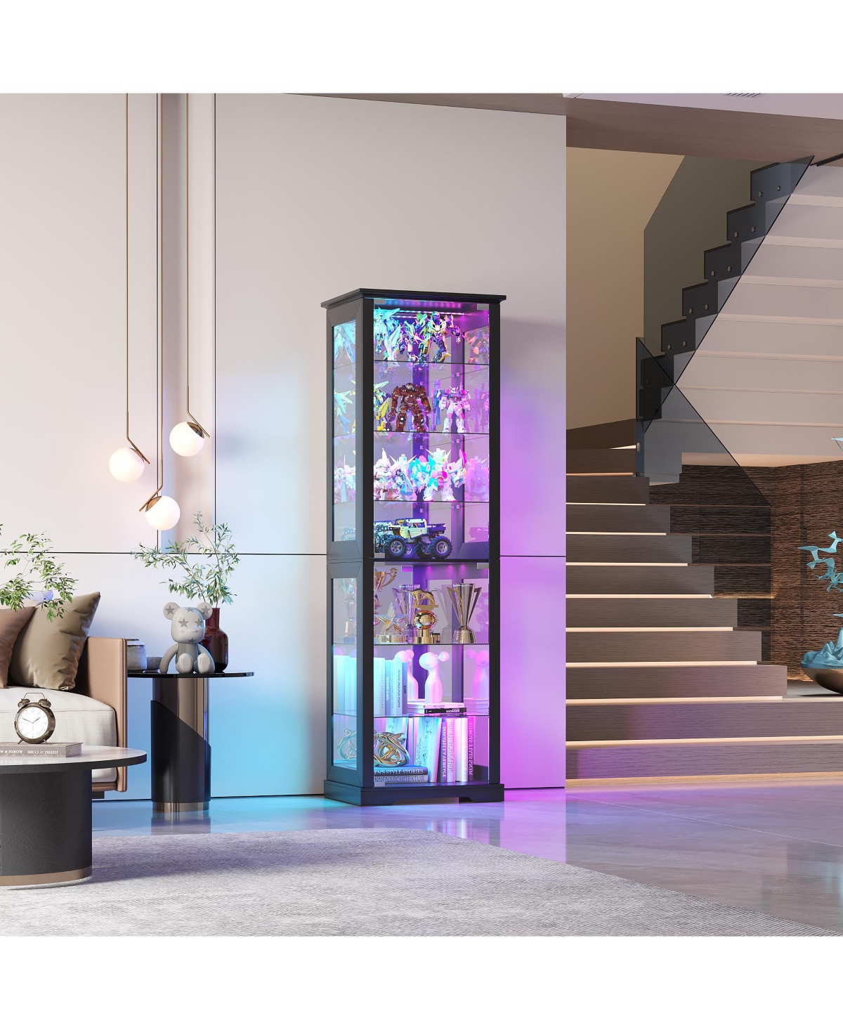 Vlsrka 70'' Tall Glass Display Cabinet with Rgb Sensor Lights and Multi-Tier Shelves