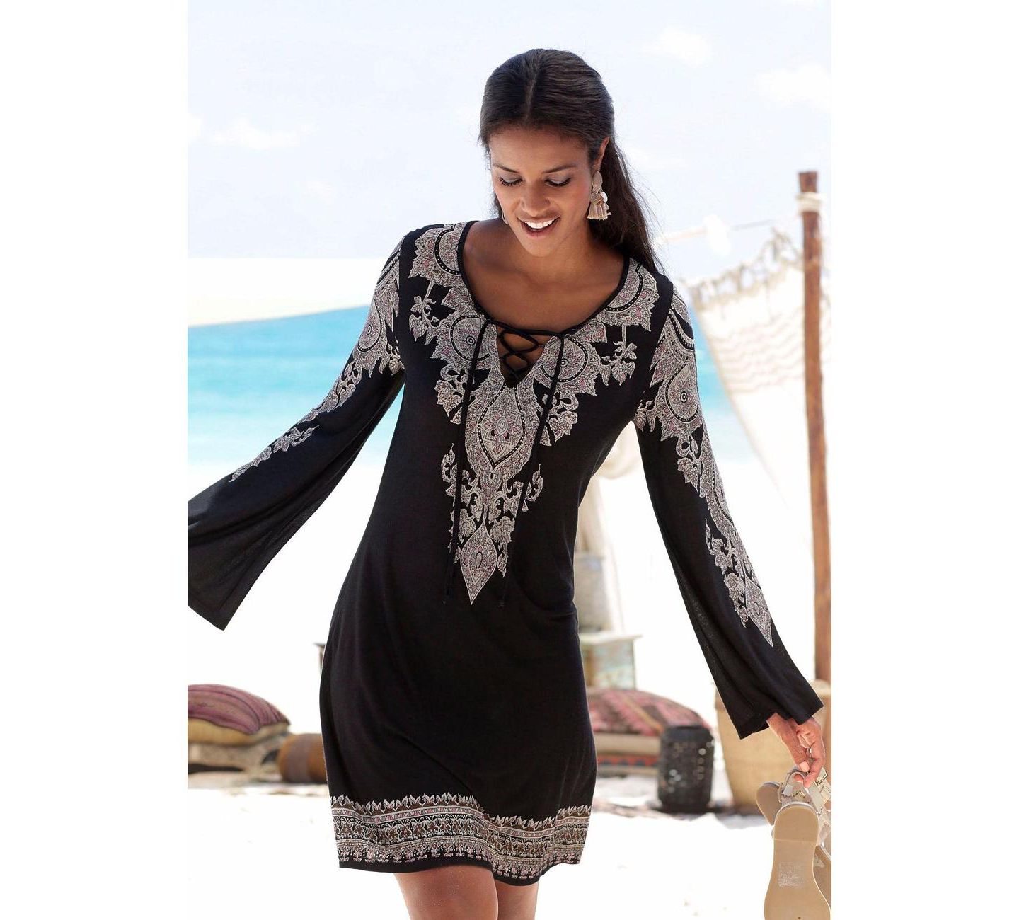 Женское платье LASCANA Viscose Boho Print Lace Up Notch-Neck Short — фото 2
