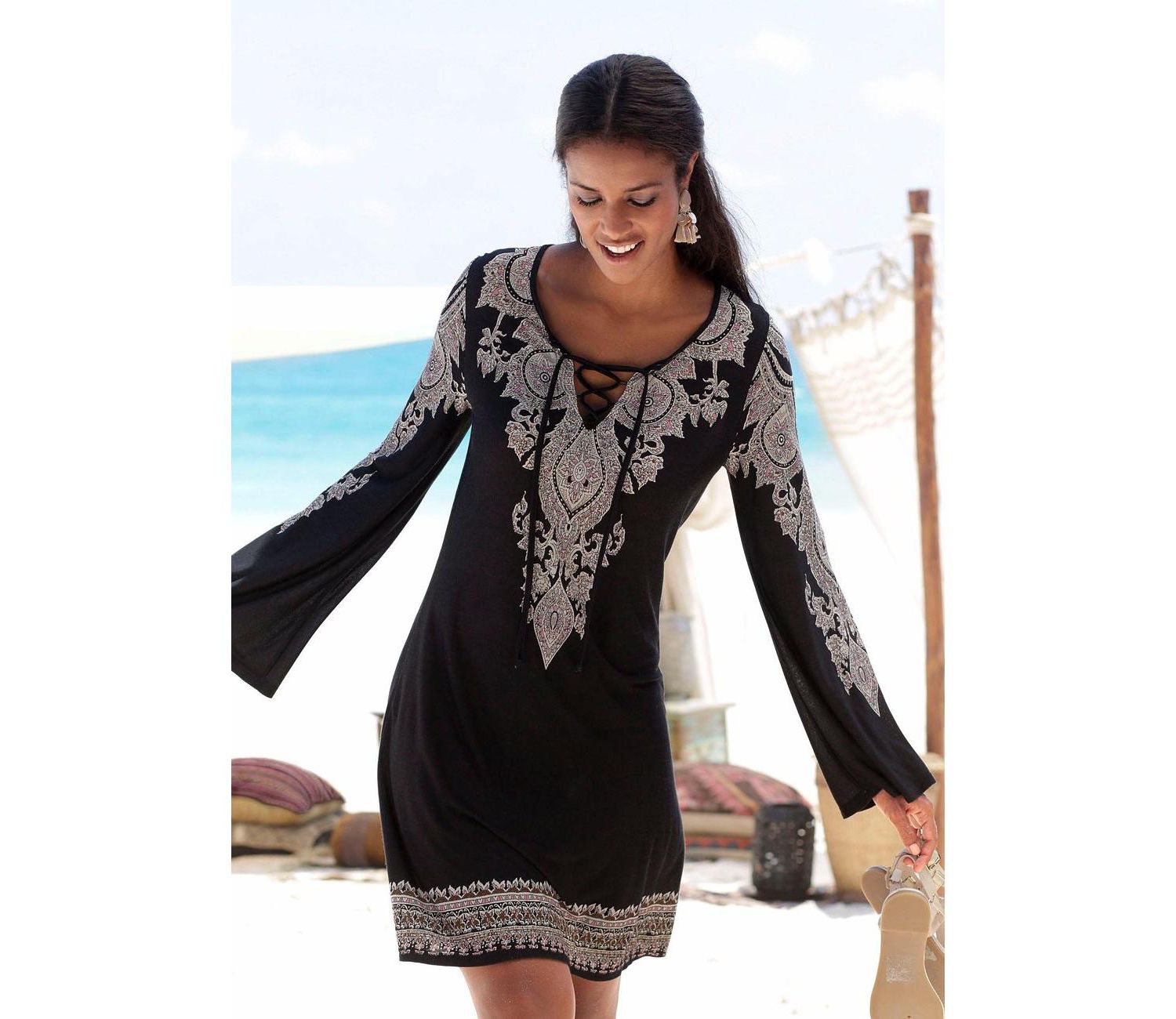 Women's Viscose Boho Print Lace Up Notch-Neck Short Dress