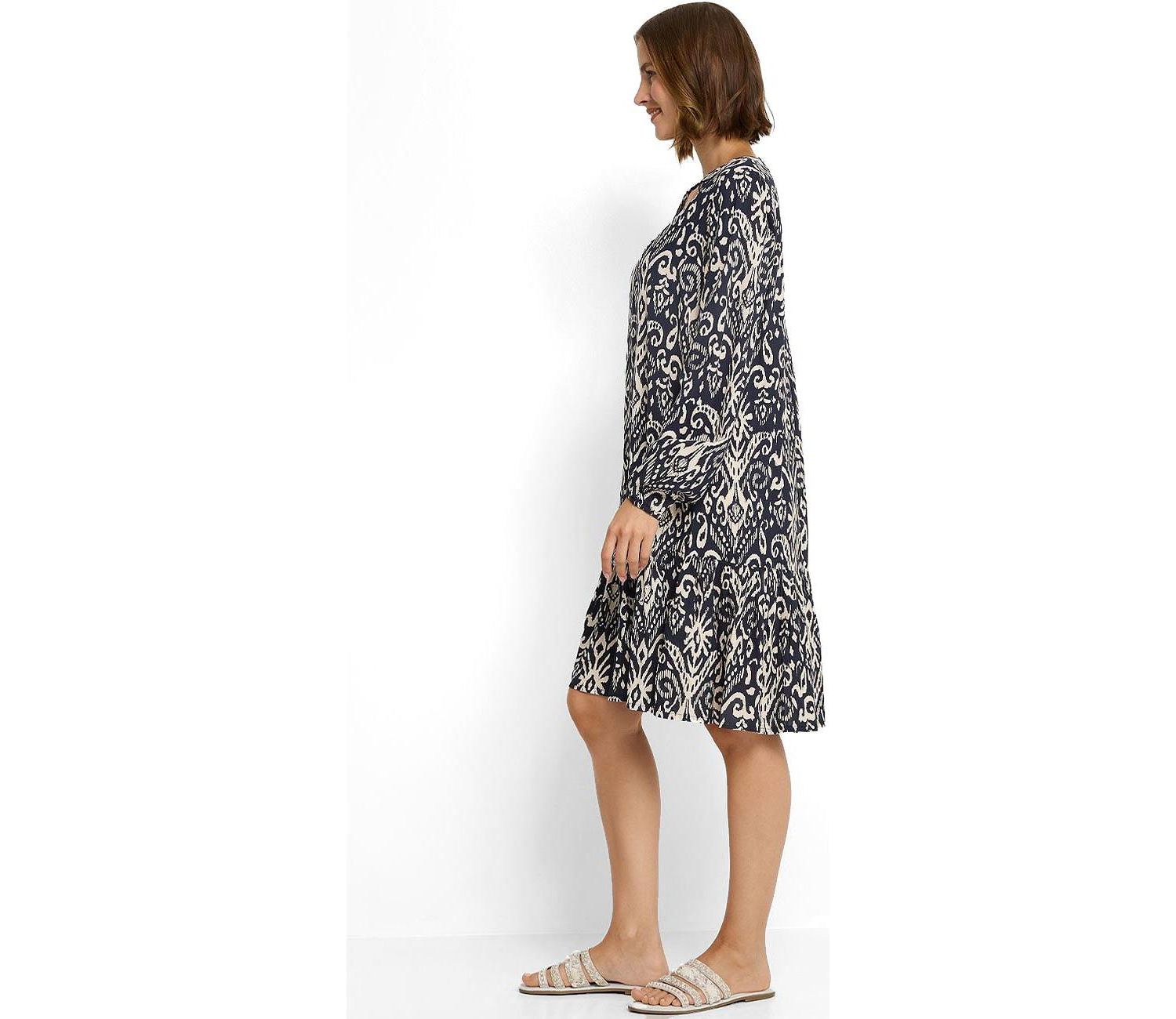 Women's Viscose Printed Tunic Ruffle-Trim Notch-Neck Short Dress