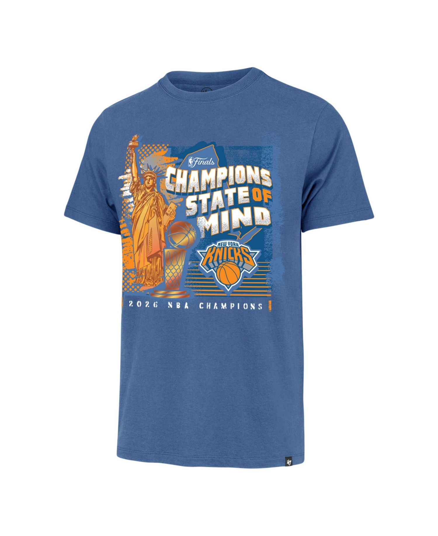 Men's Blue New York Knicks 2026 NBA Finals Champions Statue of Liberty Franklin T-Shirt