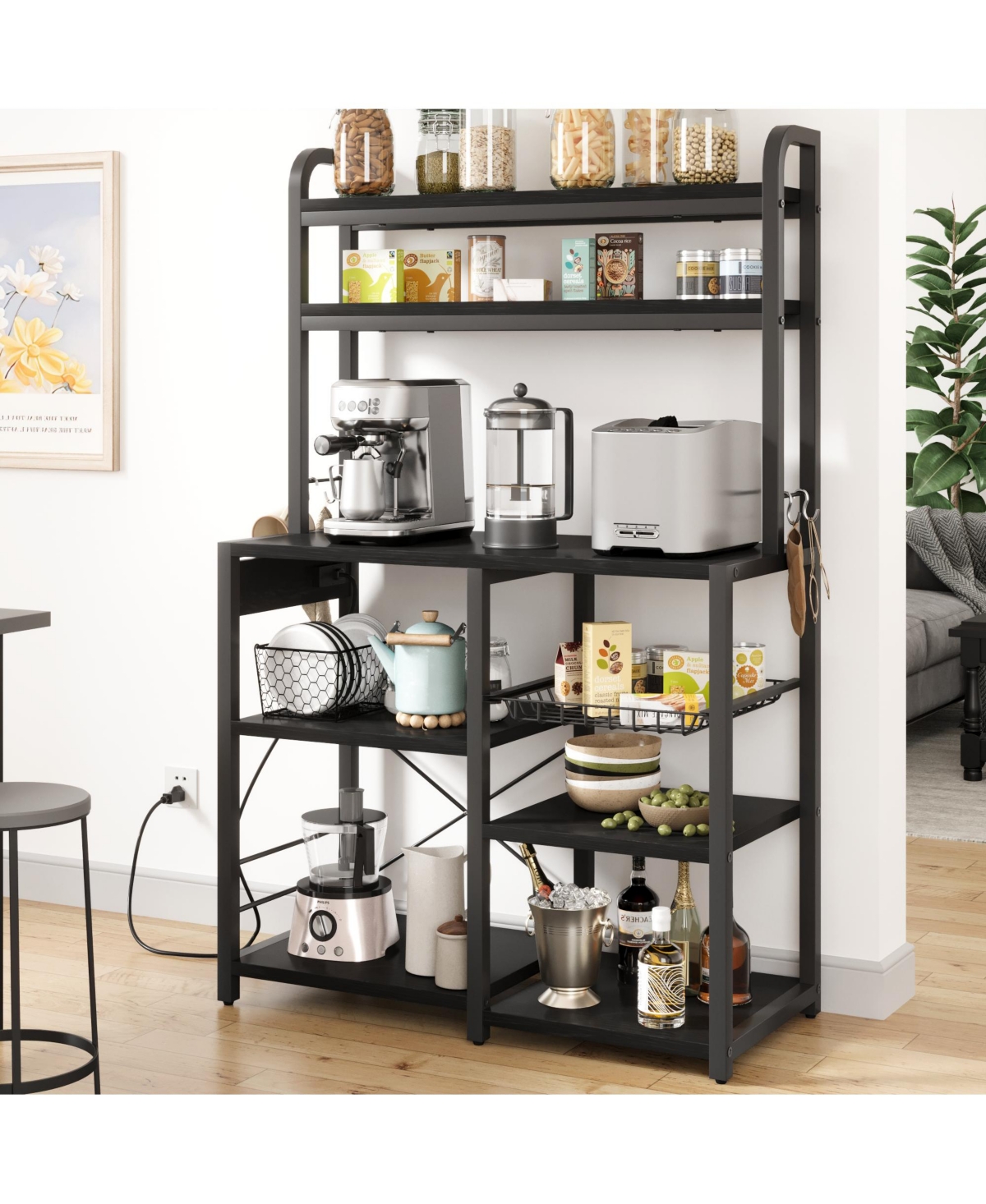 homfan 6-Tier Childs Storage Bookshelf with Power Outlet - Spacious Bookcase and Cabinet Microwave Stand, Coffee Bar, Industrial Organizer
