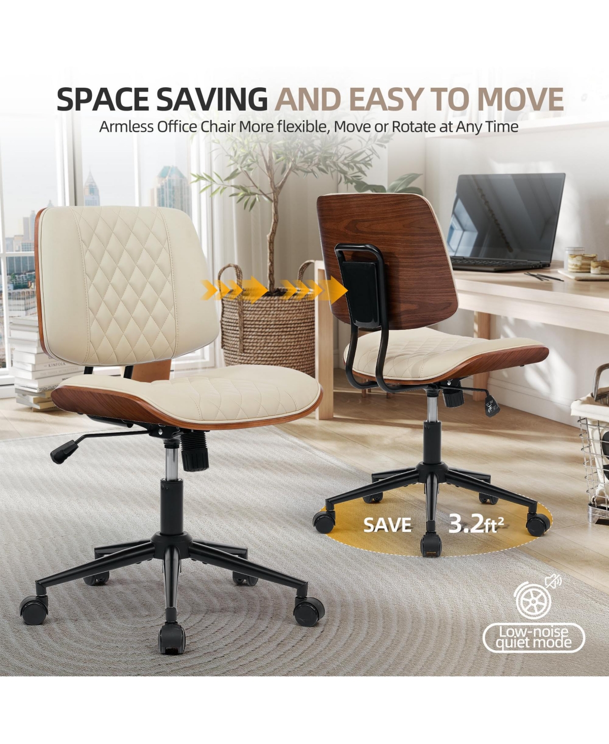 homfan Armless Swivel Office Chair with 4-Level Backrest, Adjustable Height, Pu Leather